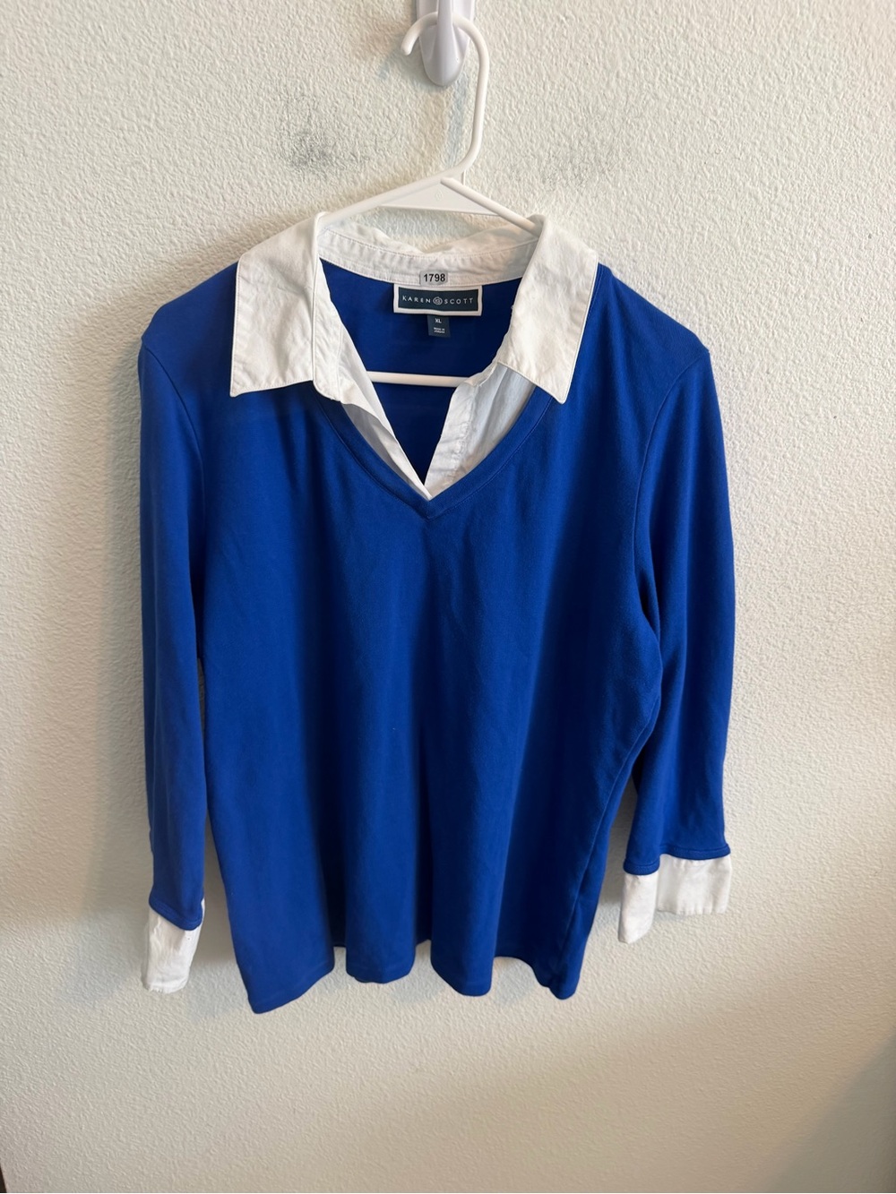Karen Scott Royal Blue V-Neck Top with White Faux Collar